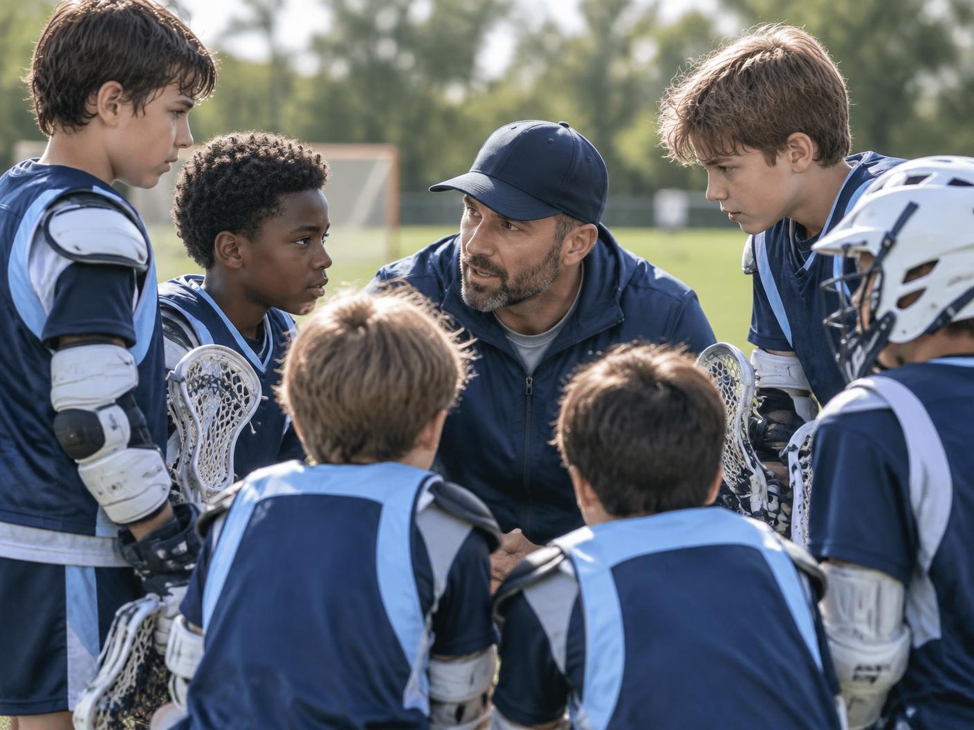 A youth lacrosse team listening to their coach